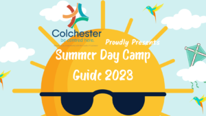 A large cartoon sun with sunglasses in the center of the image. Text reads "Colchester proudly presents Summer Day Camp Guide 2023"